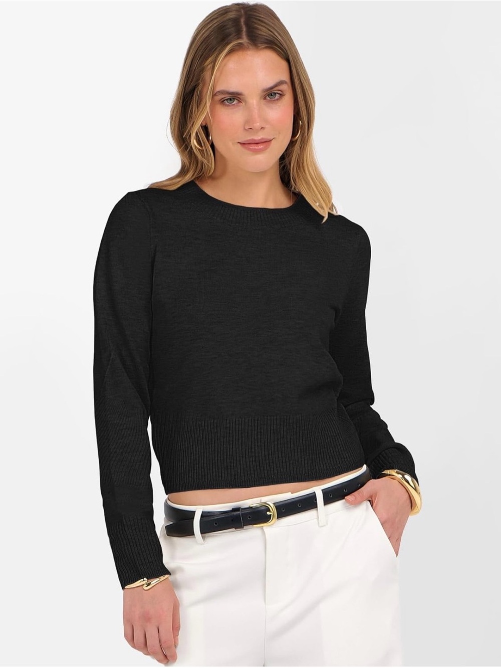 Black Crewneck Rib-Hem Sweater